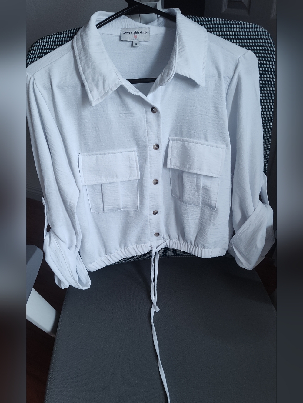 Cropped Button-Front White Shirt Jacket Blouse Shirt Pockets String Size S New
